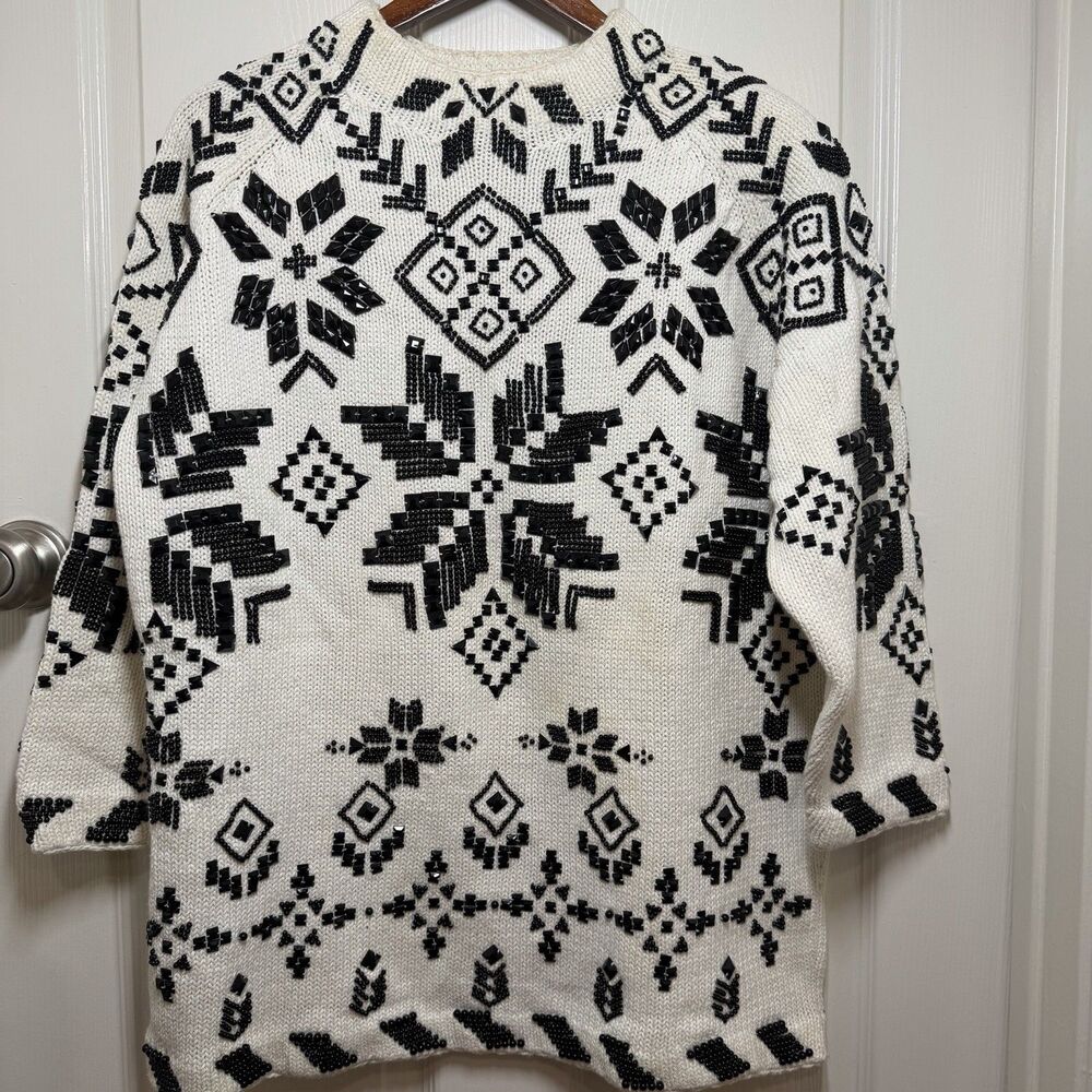 RARE VTG Michael Simon Cream And Black Beaded Nordic Sweater Cardigan One Size